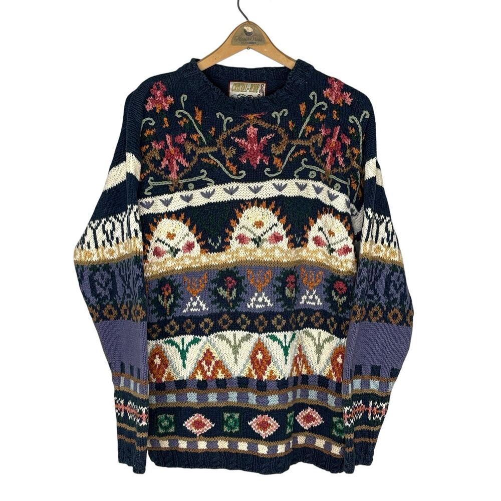 Crystal-Kobe Vintage Sweater Black Ramie Cotton Blend Floral Damask Knit Large